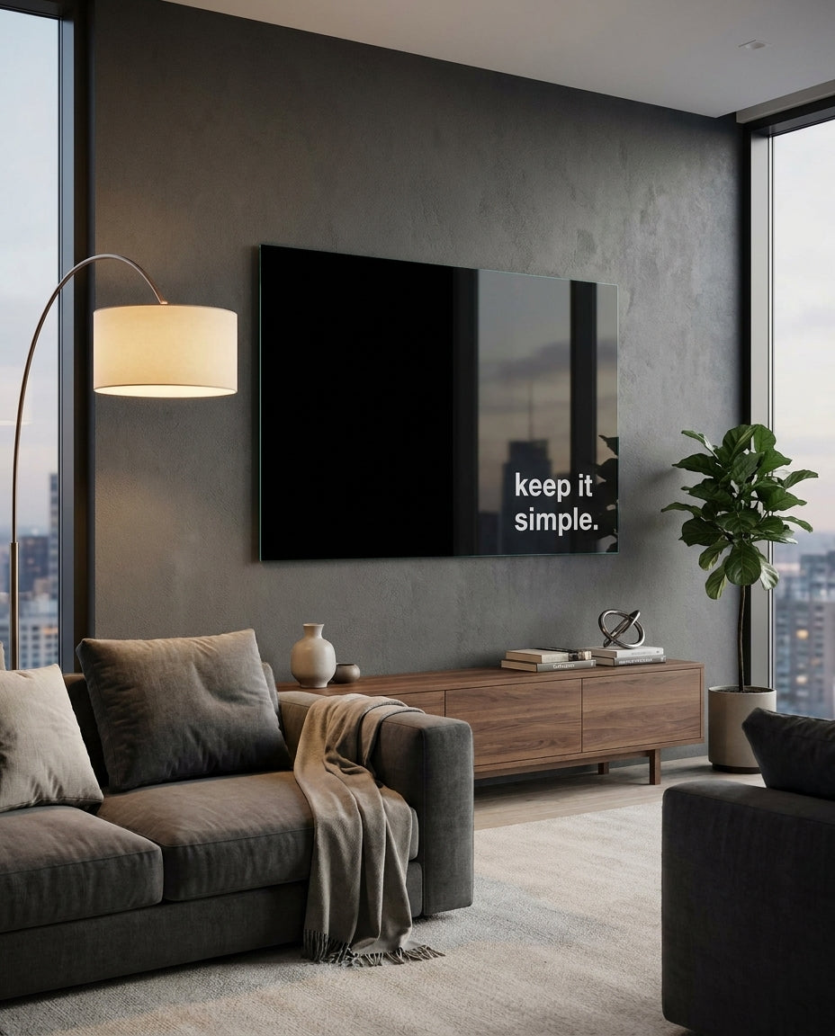 Keep it simple white text on black glass wall art above a wood console beside a gray sofa