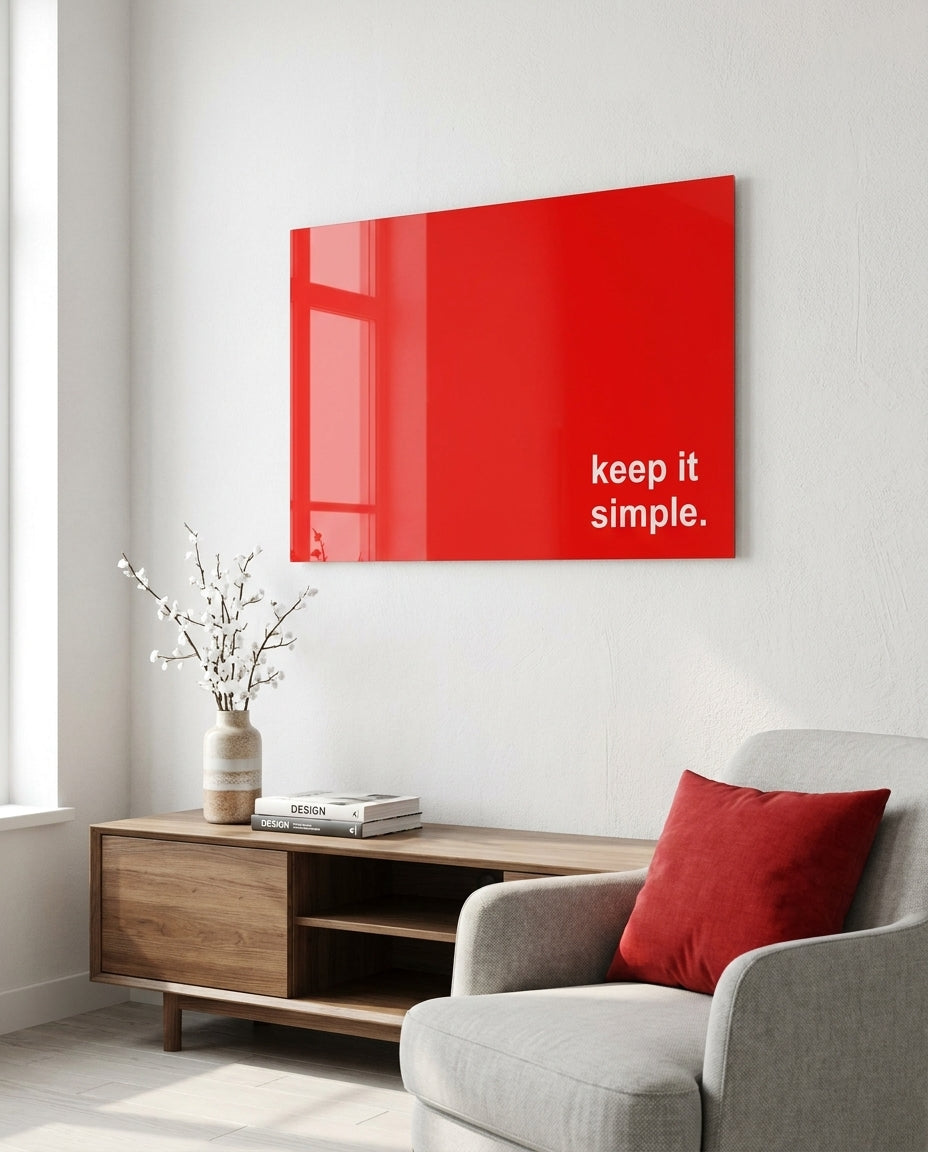 Keep it simple white text on red glass wall art above a wood sideboard and gray armchair