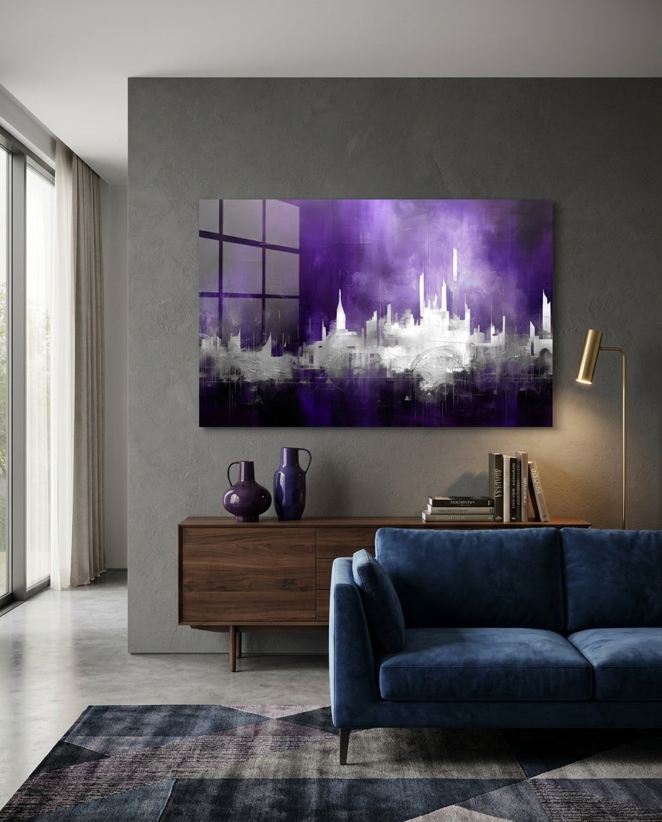 Purple mist abstract skyline glass wall art above a walnut sideboard and a navy velvet sofa