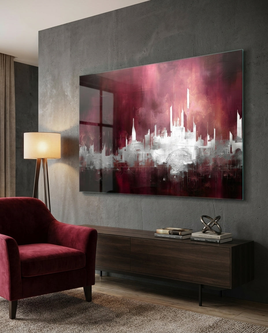 Crimson mist abstract skyline glass wall art above a dark sideboard beside a red velvet armchair