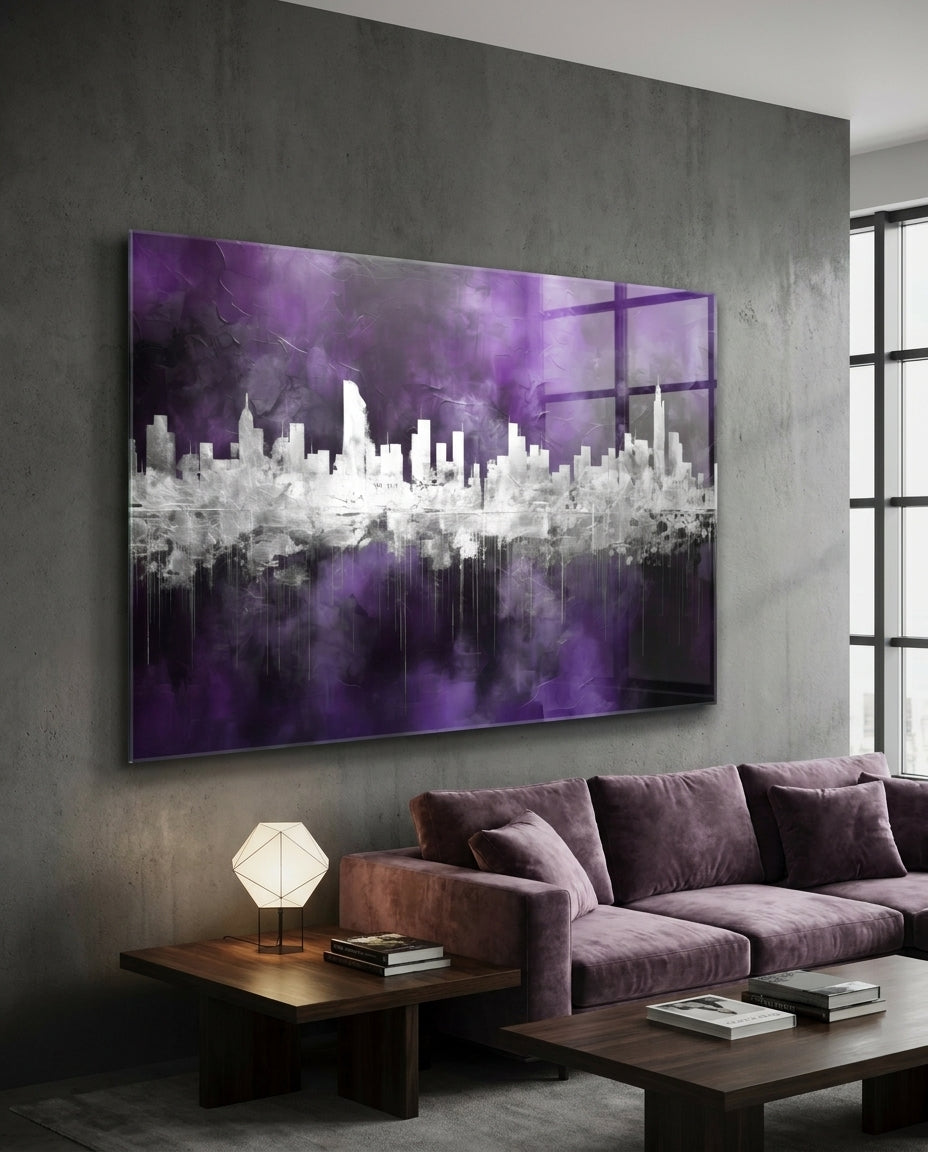 Violet abstract skyline glass wall art above a plum velvet sofa and a low wooden coffee table