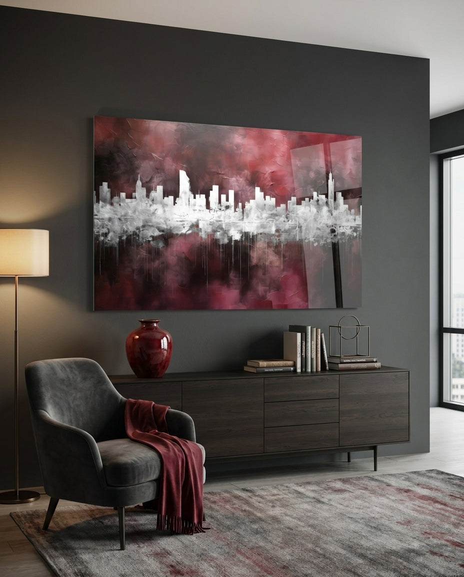 Burgundy abstract skyline glass wall art above a dark sideboard beside a gray armchair with a red throw
