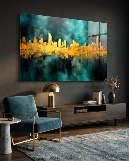 Gold skyline glass wall art above a dark sideboard beside a blue velvet armchair and a brass lamp
