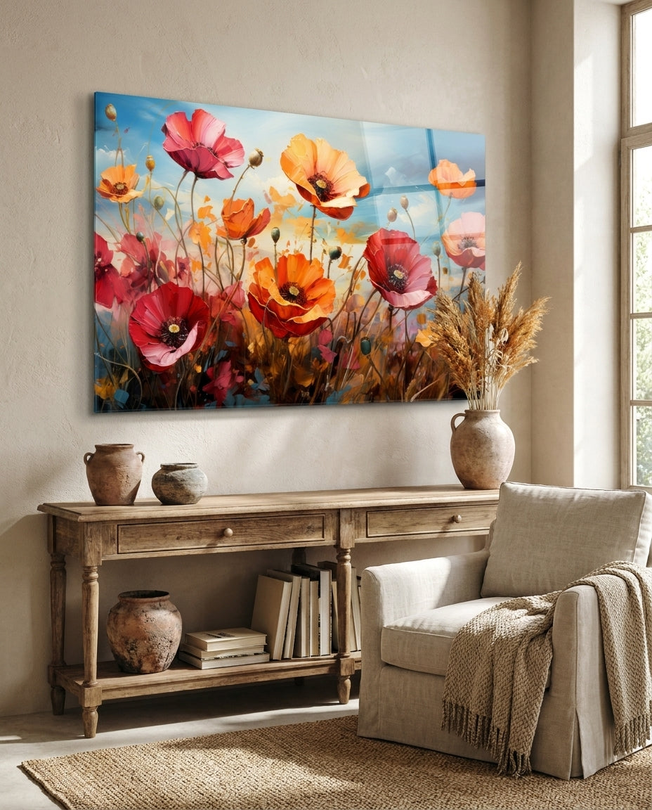 Red and orange poppy meadow glass wall art above a rustic wood console beside a cream armchair