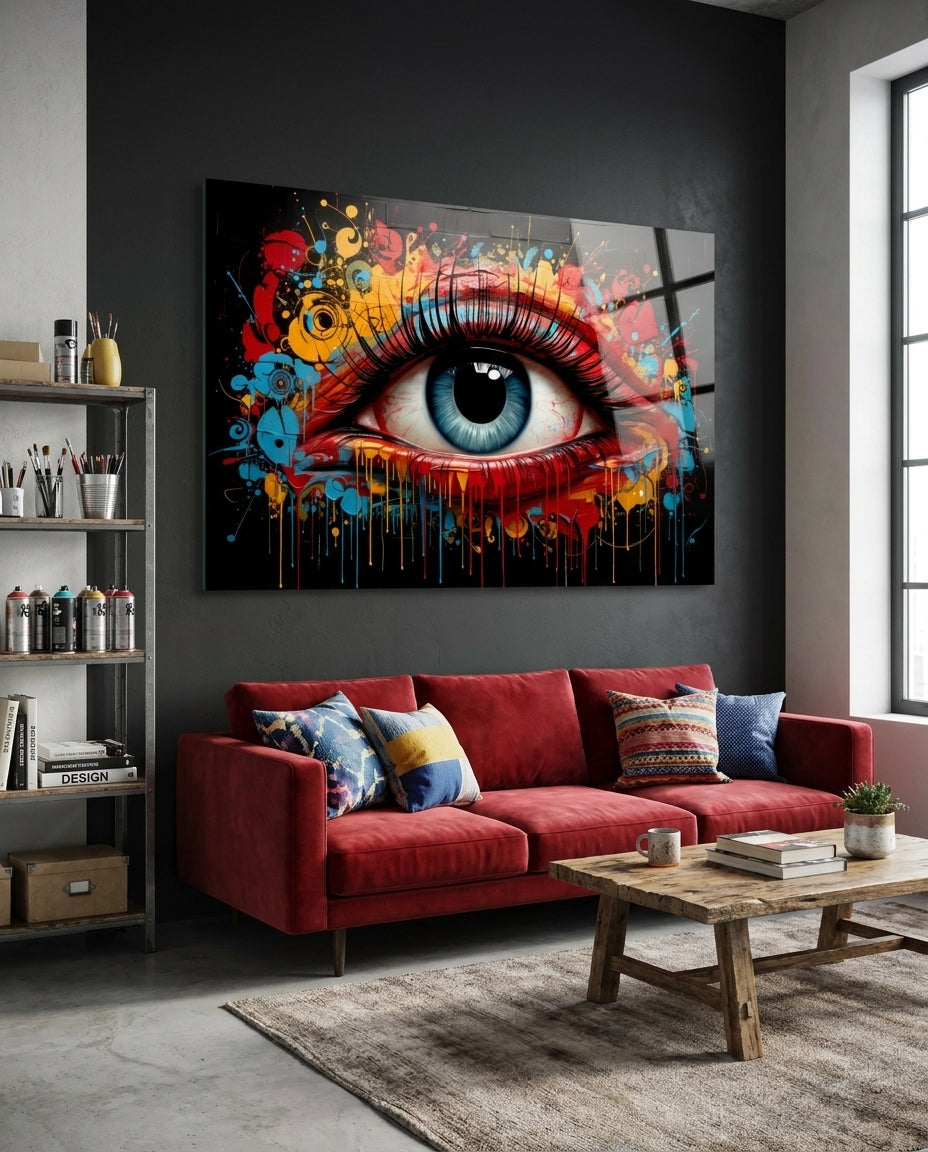 Blue eye with paint splash glass wall art on a dark gray wall above a red sofa and rustic coffee table