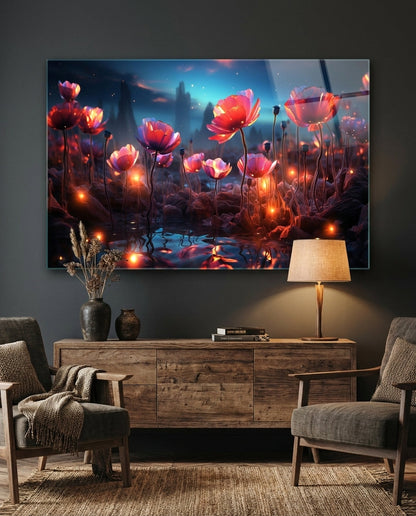 Glowing fantasy poppy field glass wall art above a wooden sideboard between two gray armchairs and a table lamp