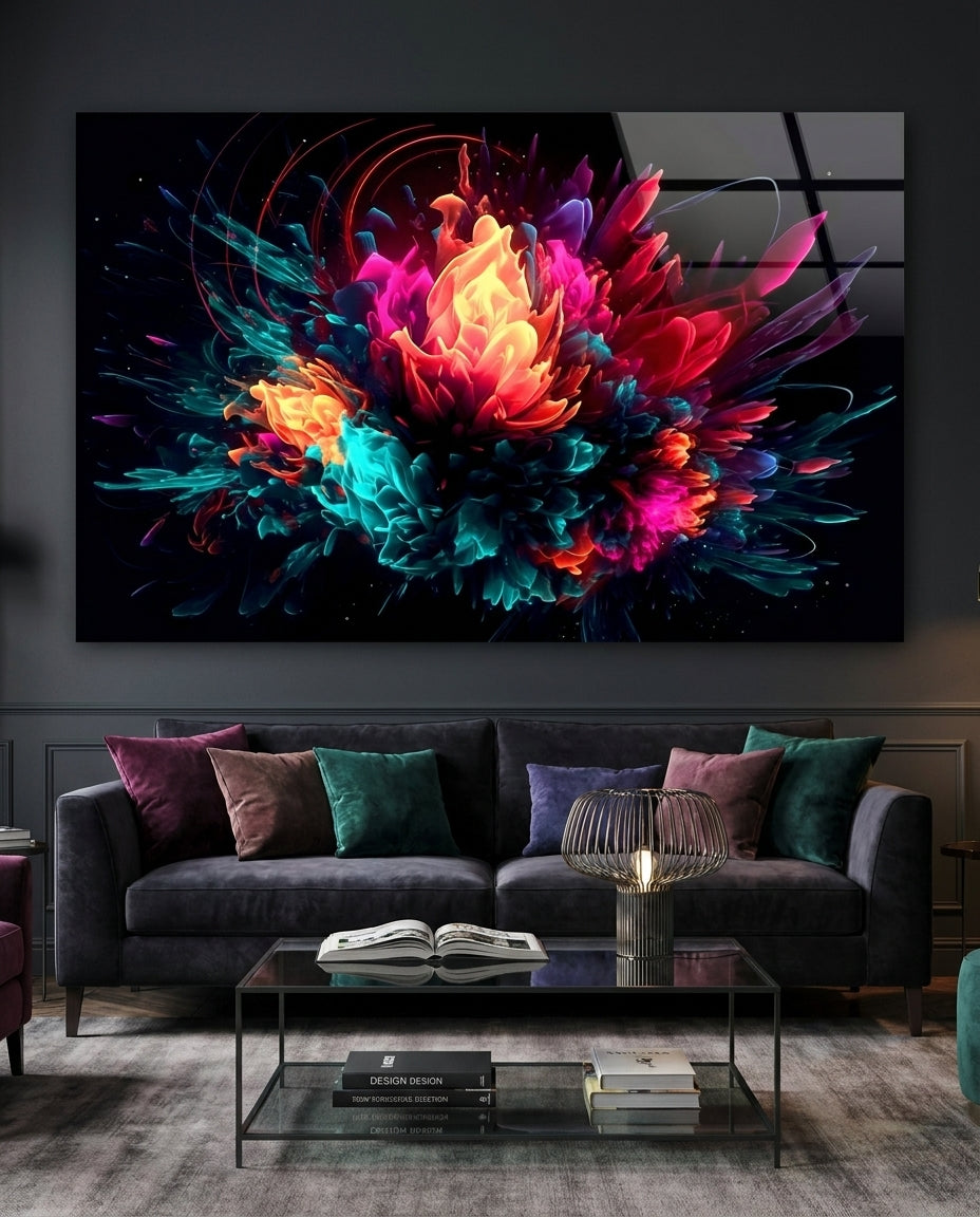 Neon flower burst glass wall art above a charcoal sofa with jewel-tone cushions and a glass coffee table