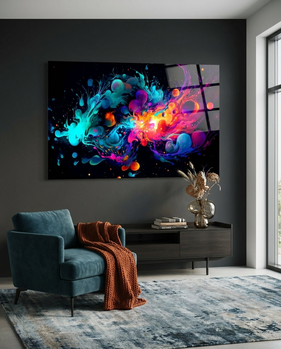 Cyan and magenta color burst glass wall art above a blue armchair with a rust throw on a pale blue rug