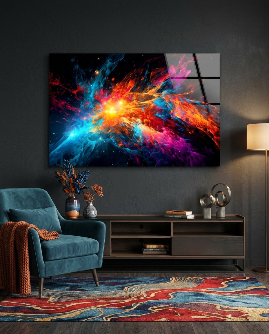 Orange and blue color burst abstract glass wall art on a dark wall above a wood sideboard, a teal armchair and a colorful rug