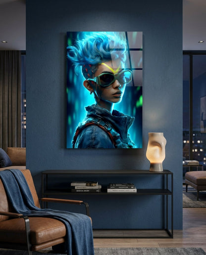 Blue-haired cyberpunk girl glass wall art on a navy wall above a black console beside a leather armchair