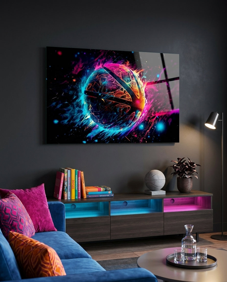 Cosmic fire sphere glass wall art above a blue sofa with pink cushions and a glowing low cabinet