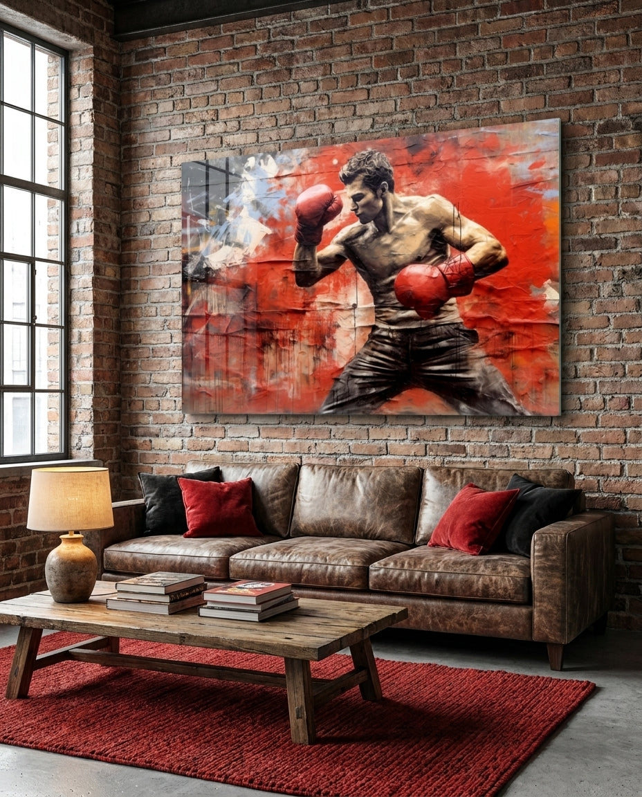 Red grunge boxer glass wall art on a brick wall above a leather sofa, a wooden coffee table and a red rug