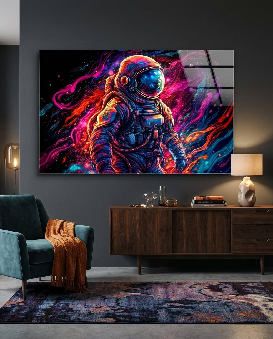Neon nebula swirl astronaut glass wall art above a wooden sideboard beside a teal armchair with an orange throw