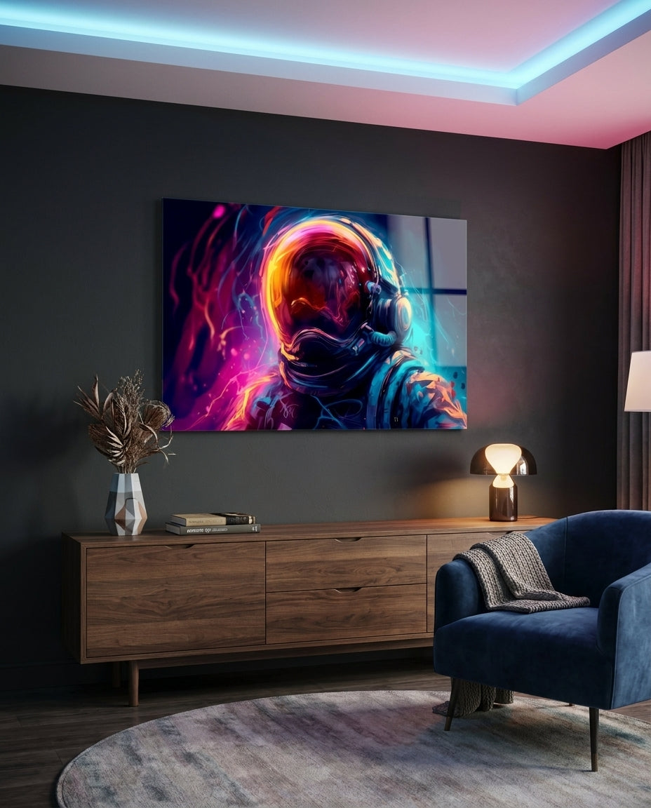 Glowing helmet astronaut glass wall art on a dark wall under a blue and pink ceiling glow above a wooden sideboard