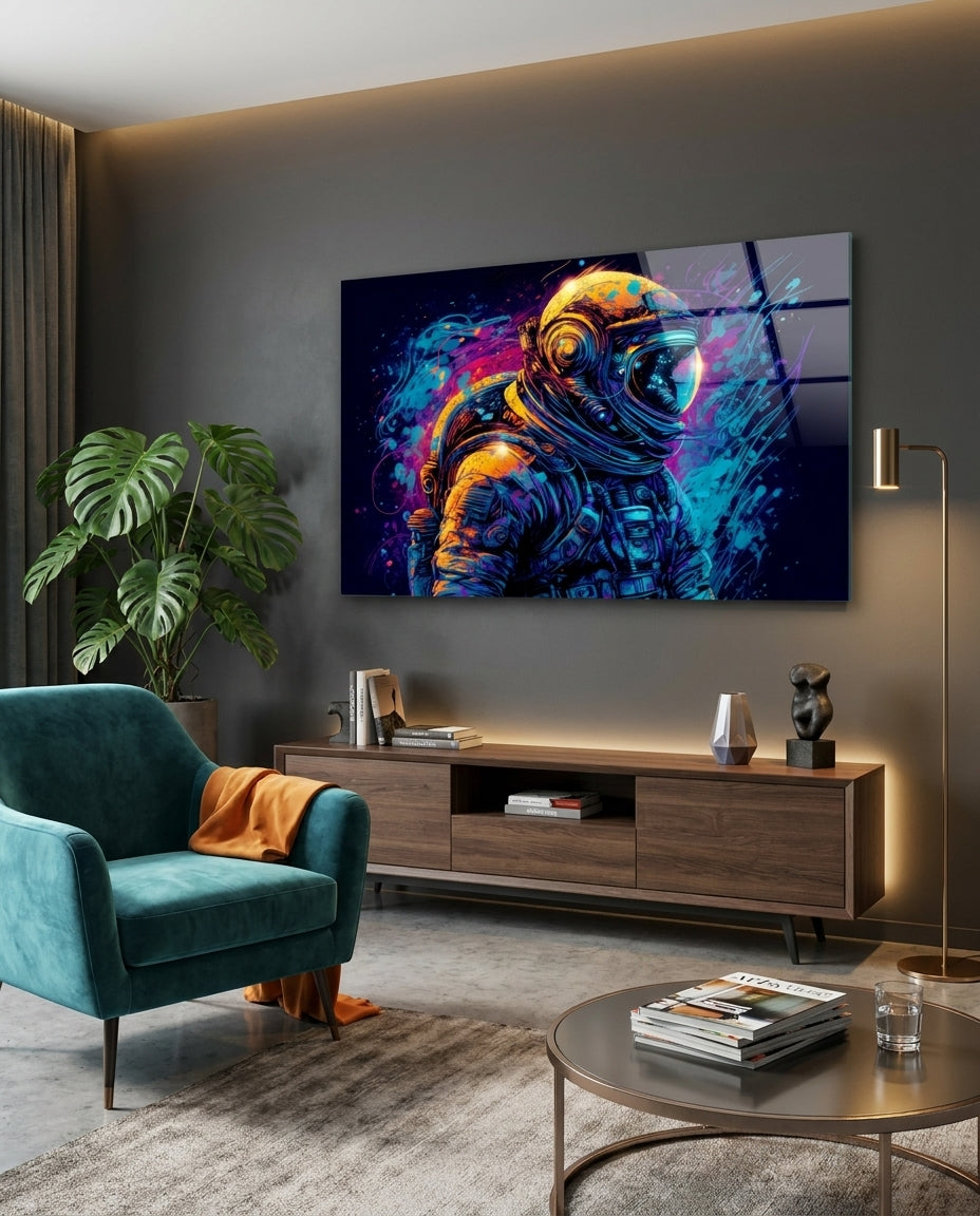 Neon splatter astronaut profile glass wall art above a wooden media console beside a teal armchair and round coffee table