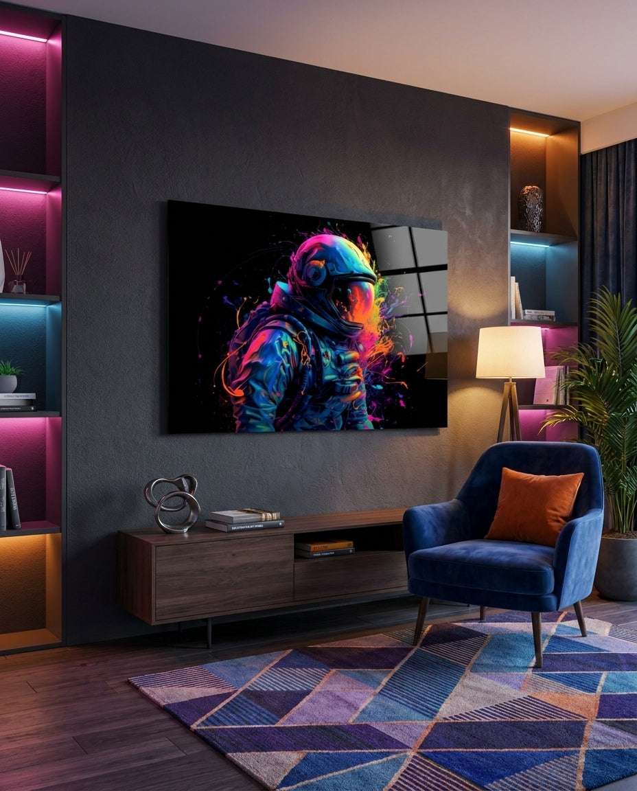 Neon paint splash astronaut glass wall art on a dark wall with pink shelf lighting above a console and navy armchair