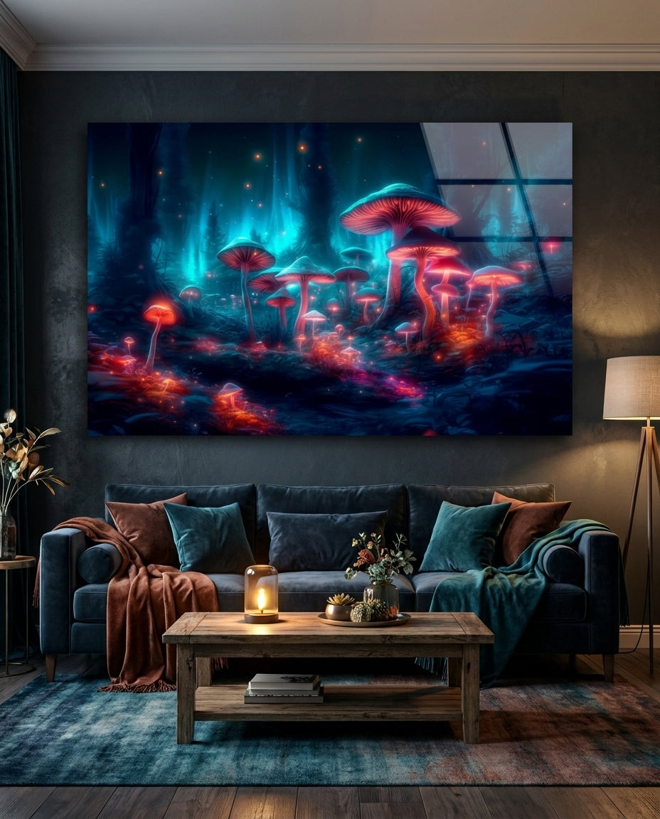 Glowing mushroom forest glass wall art above a navy sofa and a wooden coffee table with a candle in a dark living room