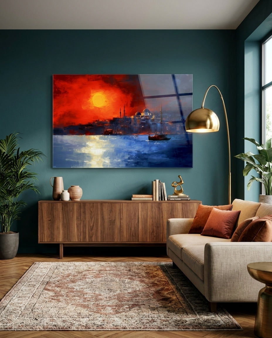Istanbul sunset glass wall art above a walnut sideboard on a teal wall beside a beige sofa