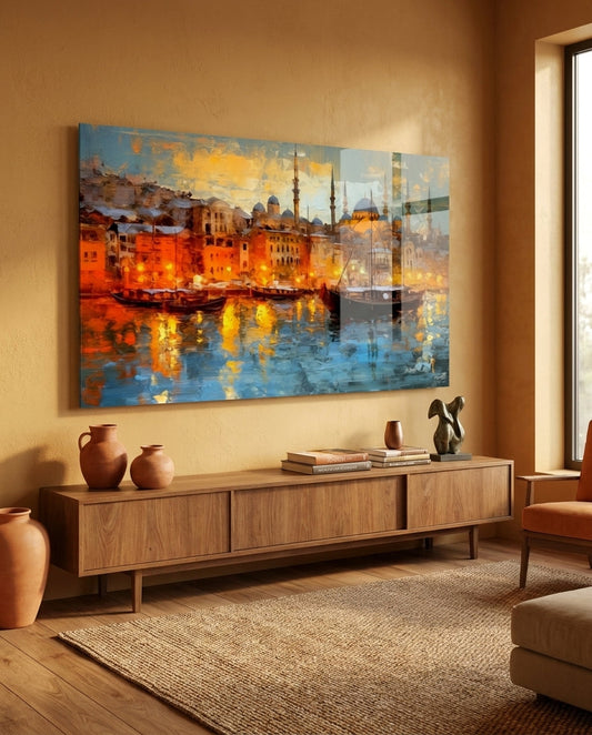 Istanbul harbor glass wall art above a walnut sideboard on a warm ochre wall with clay vases