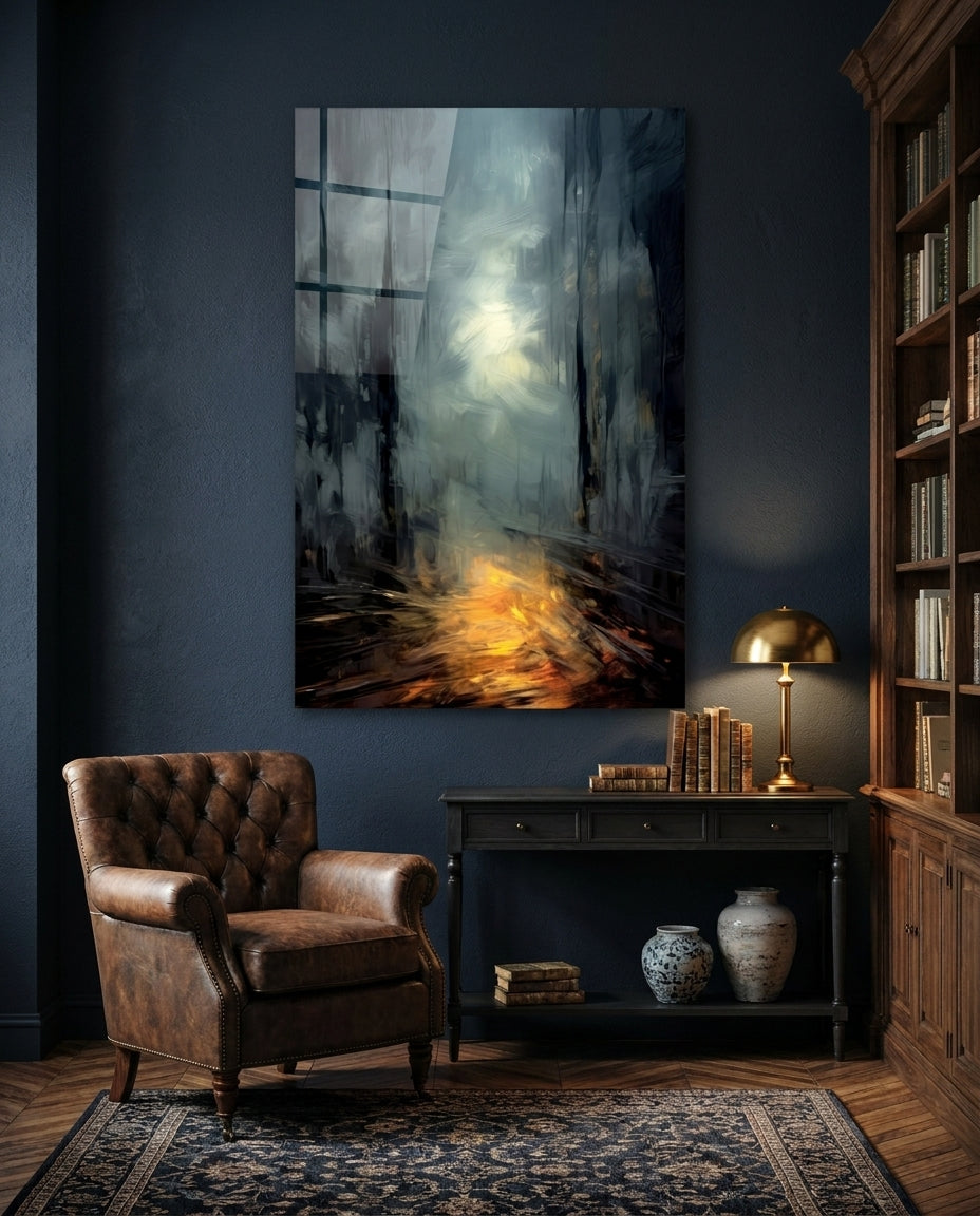 Misty path glass wall art in a dark blue study above a tufted leather armchair and a console table