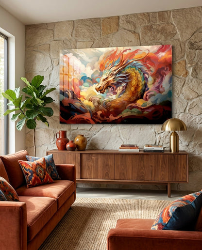 Golden Eastern dragon glass wall art above a rust orange sofa and a wooden sideboard on a stone wall
