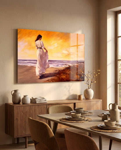 Beach walk glass wall art in a dining room above a wooden sideboard with ceramic vases