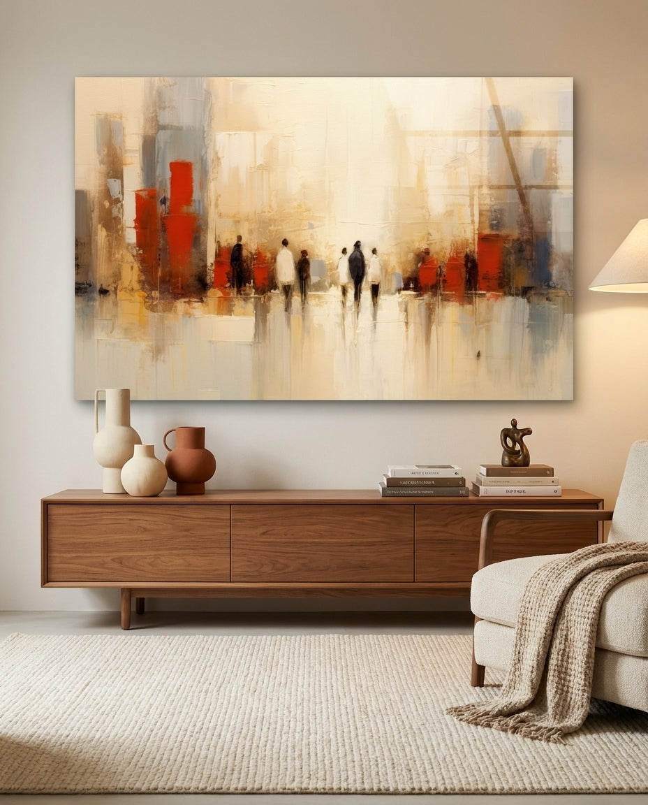 Abstract cityscape with walking figures in cream and red, glass wall art above a walnut sideboard with vases