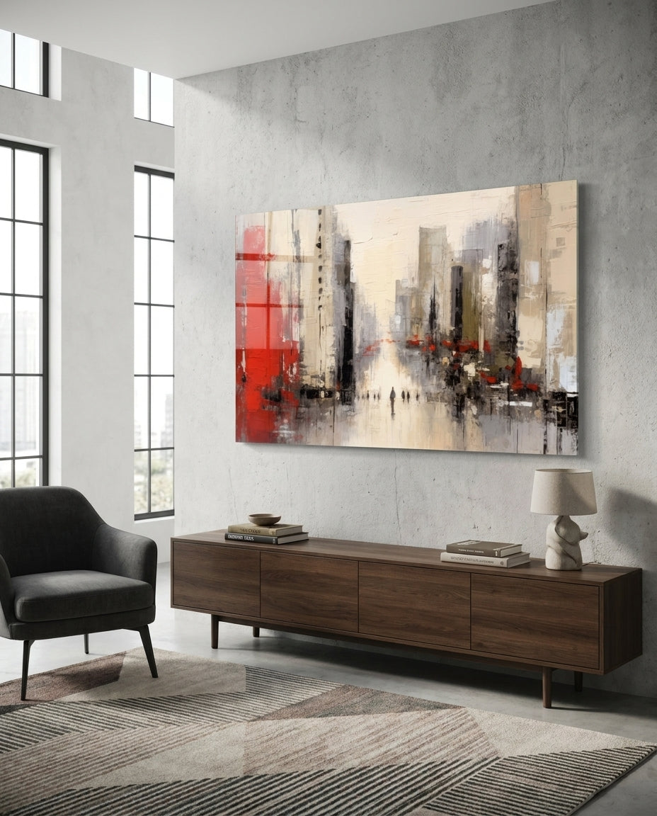 Red and gray city street glass wall art above a walnut sideboard beside a black armchair