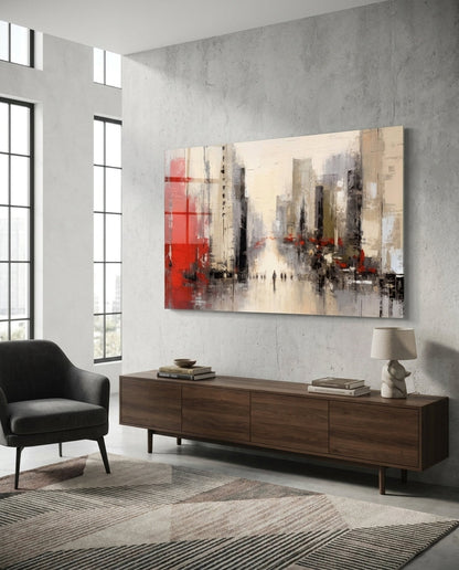Red and gray city street glass wall art above a walnut sideboard beside a black armchair