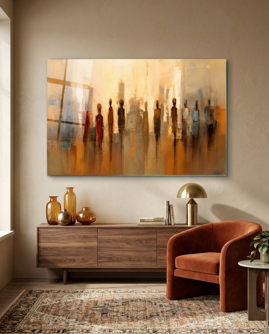 Amber standing figures glass wall art above a walnut sideboard beside a rust armchair