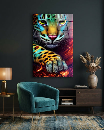 Turquoise leopard glass wall art above a wood sideboard beside a teal velvet armchair
