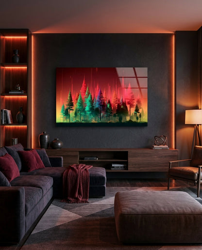 Red sky glitch pine forest glass wall art above a gray sofa in a dark living room with warm shelf lights