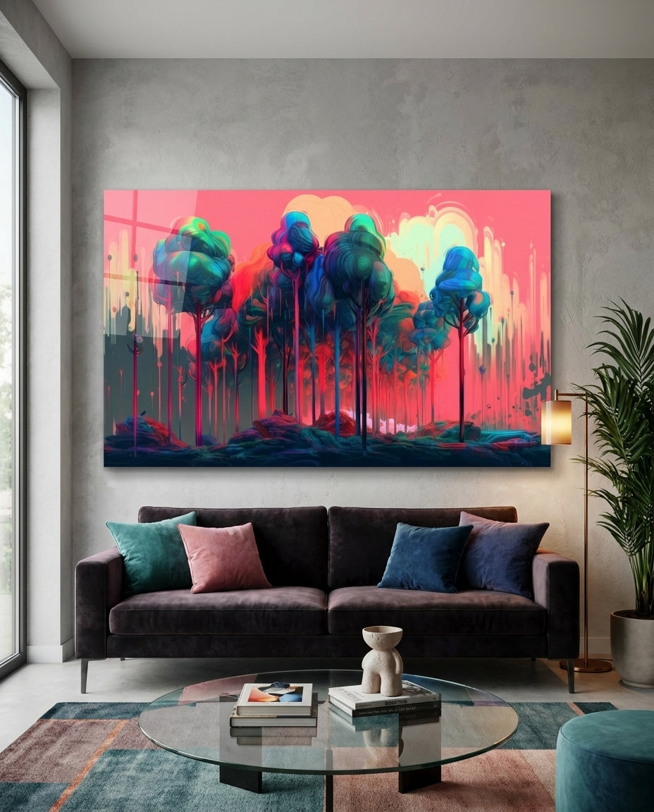 Drip paint teal trees on a pink sky glass wall art above a dark velvet sofa and a round glass coffee table
