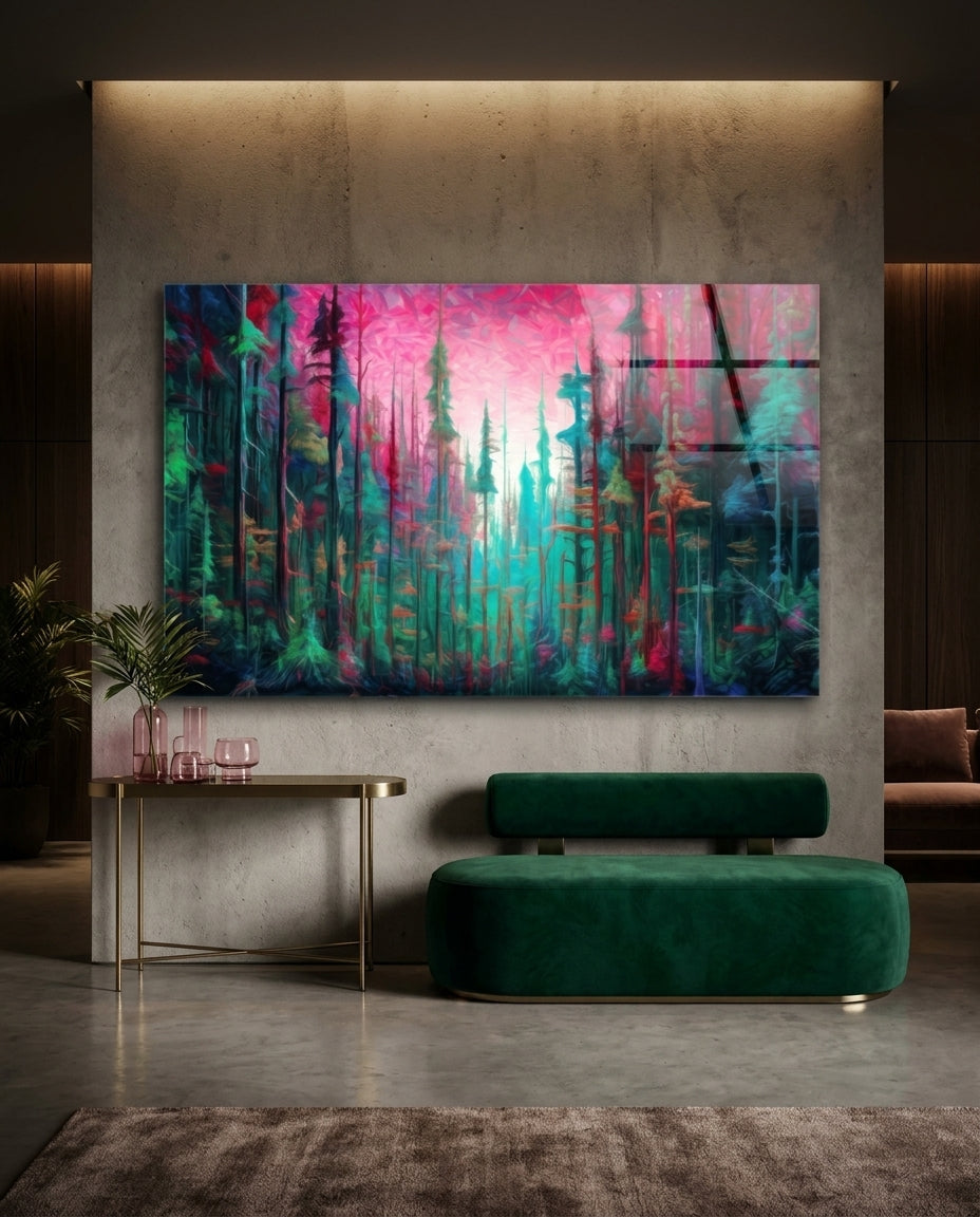 Neon pink and teal pine forest glass wall art above a green velvet bench in a room with concrete walls