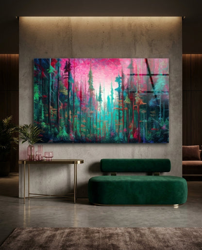 Neon pink and teal pine forest glass wall art above a green velvet bench in a room with concrete walls