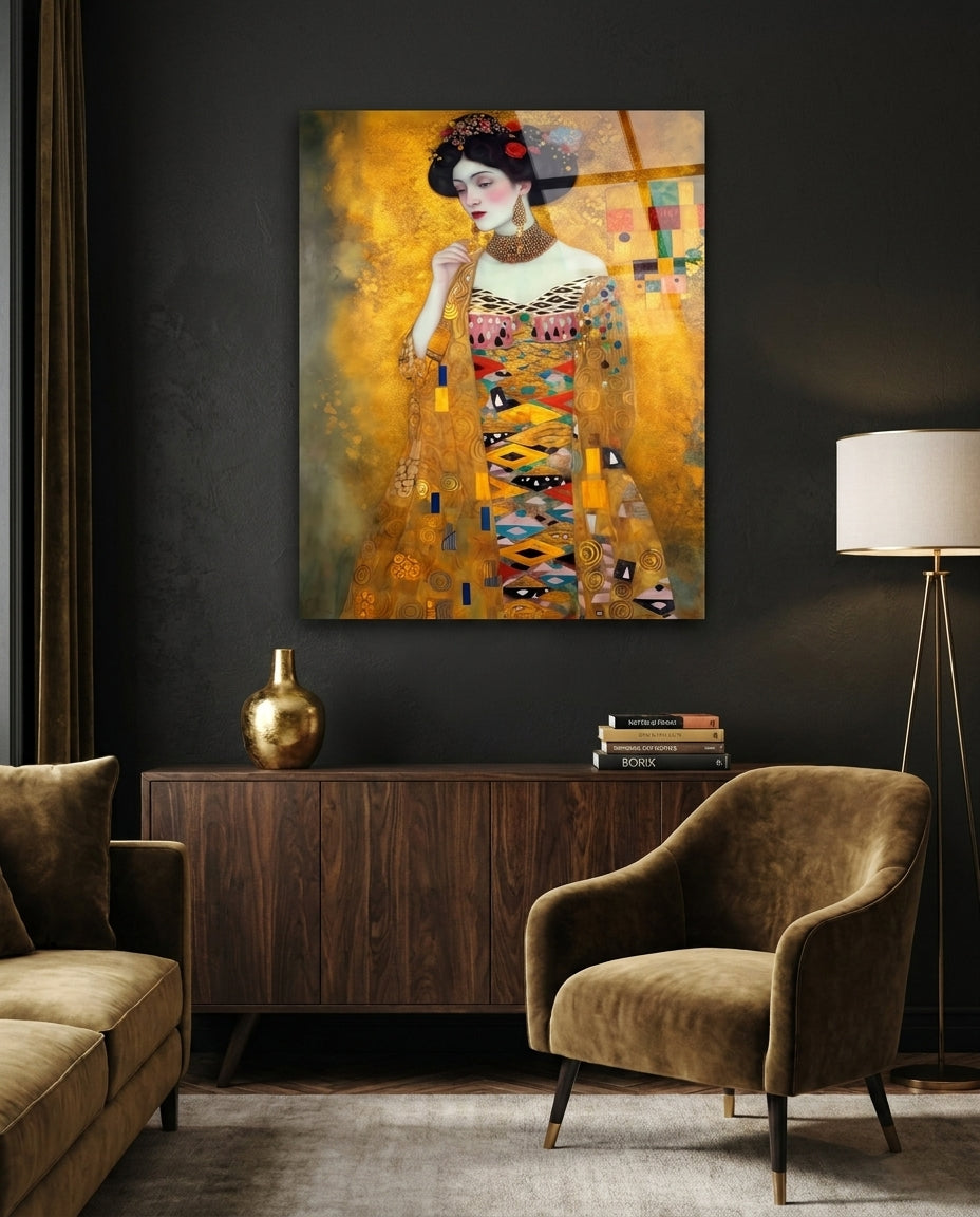 Gold mosaic gown woman glass wall art on a dark wall above a wooden sideboard and an olive velvet armchair