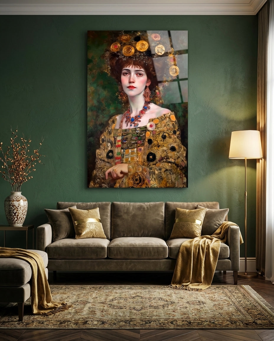Gold mosaic crown woman glass wall art on a dark green wall above a velvet sofa with gold cushions