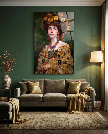 Gold mosaic crown woman glass wall art on a dark green wall above a velvet sofa with gold cushions