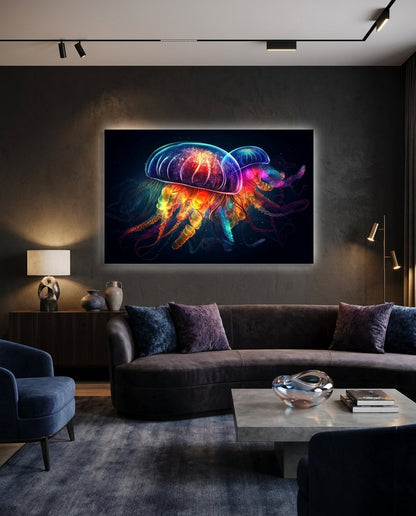 Neon jellyfish pair glass wall art above a curved purple sofa and marble coffee table in a dark lounge