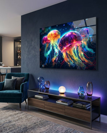 Glowing jellyfish glass wall art above a dark media console with a lamp and a teal armchair