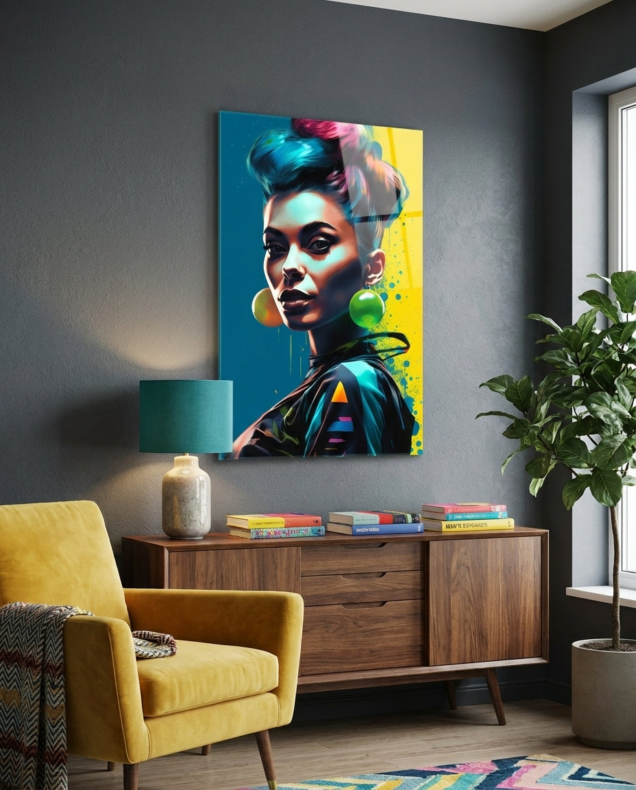 Pop art woman with green earrings glass wall art above a wooden sideboard beside a mustard armchair and a potted tree