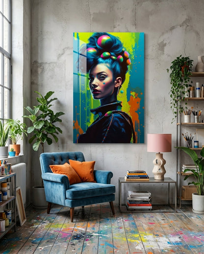 Blue updo pop art portrait glass wall art above a blue armchair with orange cushions on a paint-splashed wood floor