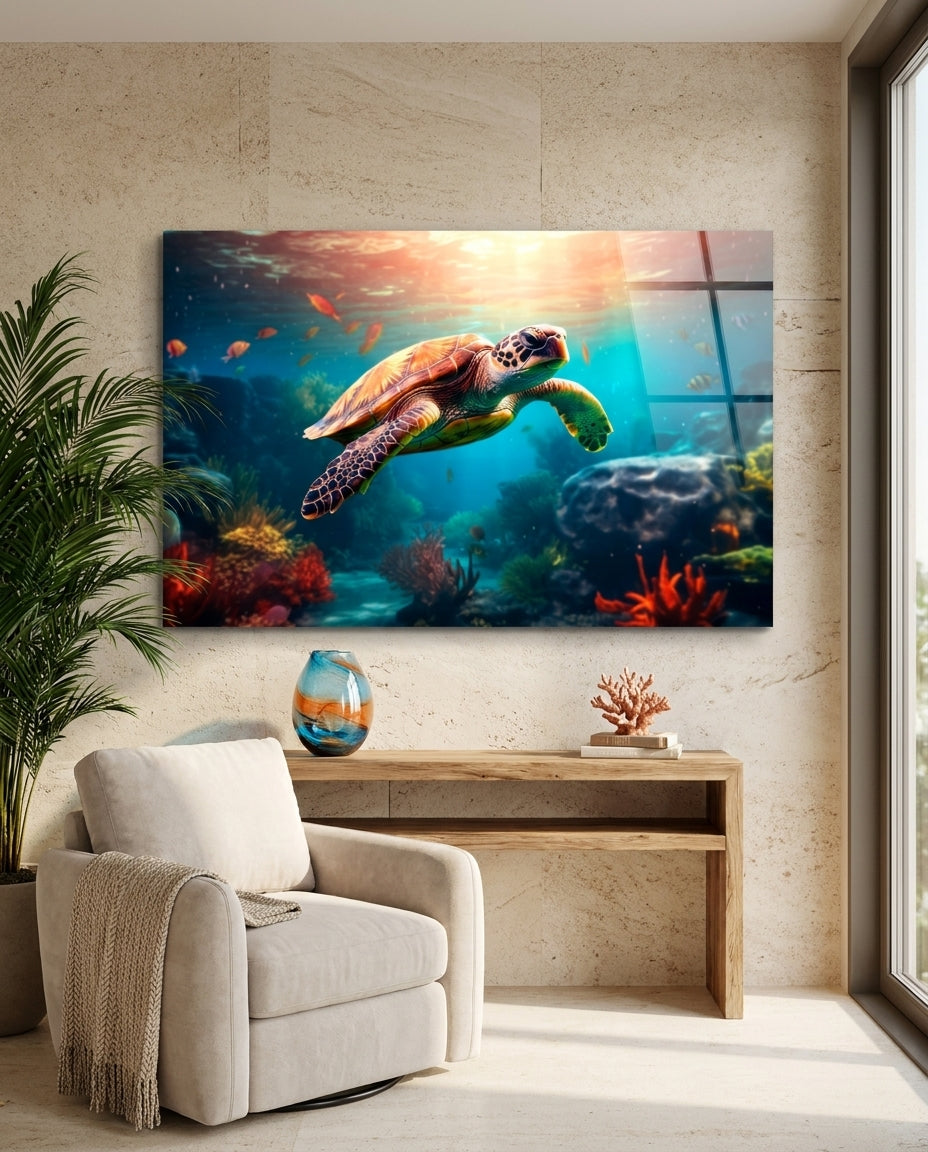 Sea turtle glass wall art above a light wood console beside a cream armchair and a palm