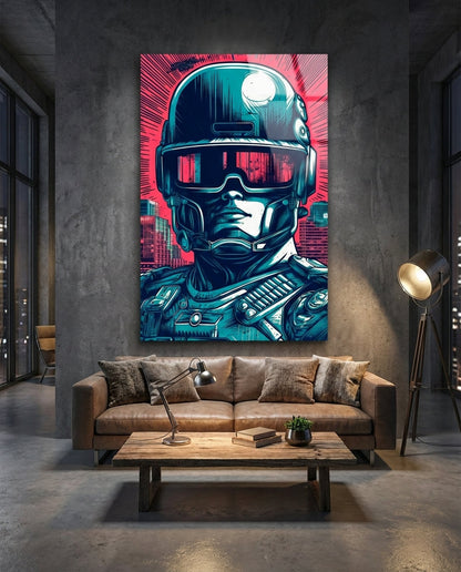 Helmeted soldier pop art glass wall art above a brown leather sofa and a wooden coffee table in a dark gray room