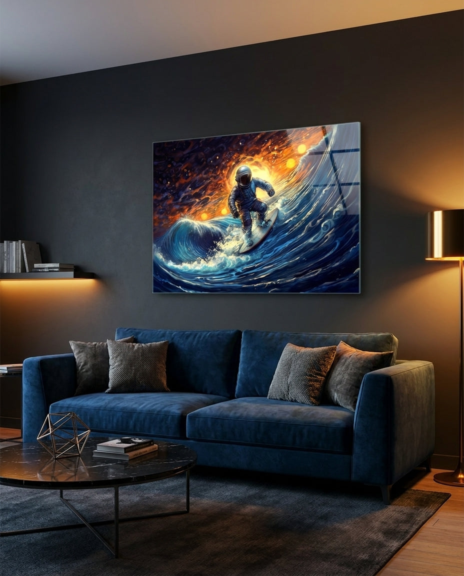 Astronaut surfing glass wall art above a navy velvet sofa in a dark living room with a gold floor lamp