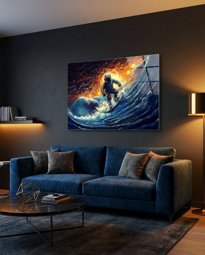 Astronaut surfing glass wall art above a navy velvet sofa in a dark living room with a gold floor lamp
