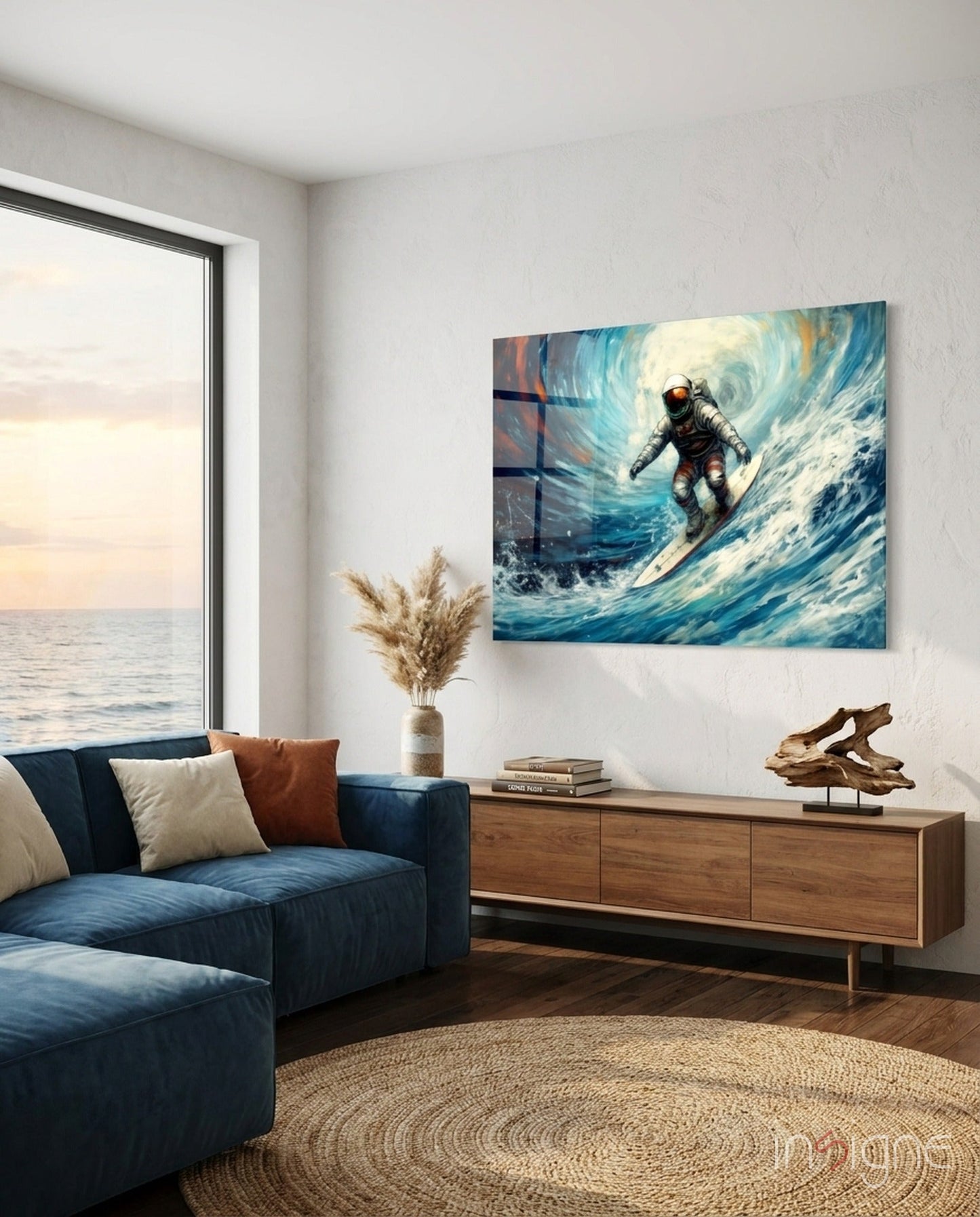 Cosmic surfer glass wall art, astronaut riding a cobalt wave under a full moon on tempered glass