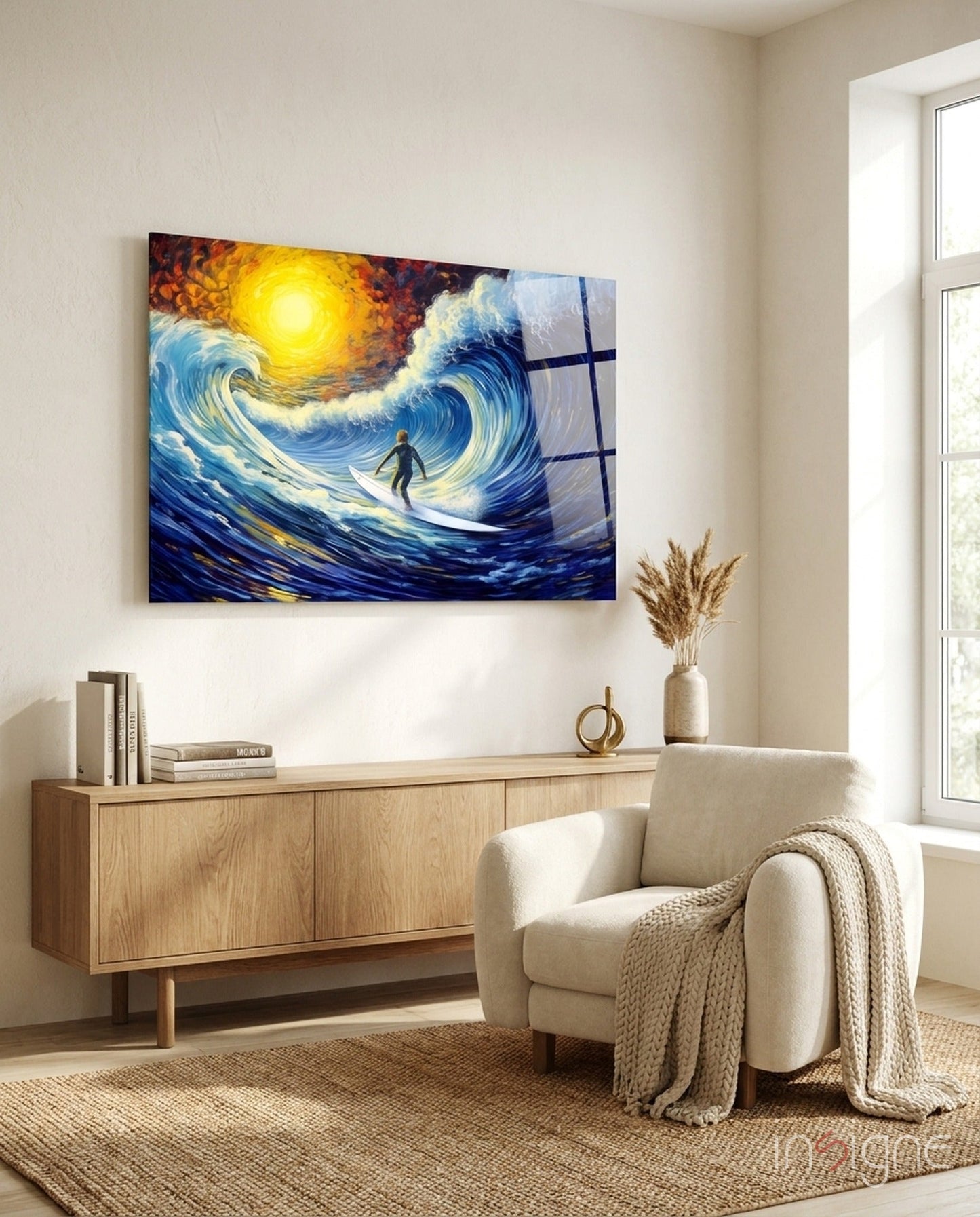 Surfer Wave Painterly Seascape Glass Wall Art