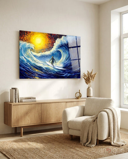 Surfer Wave Painterly Seascape Glass Wall Art