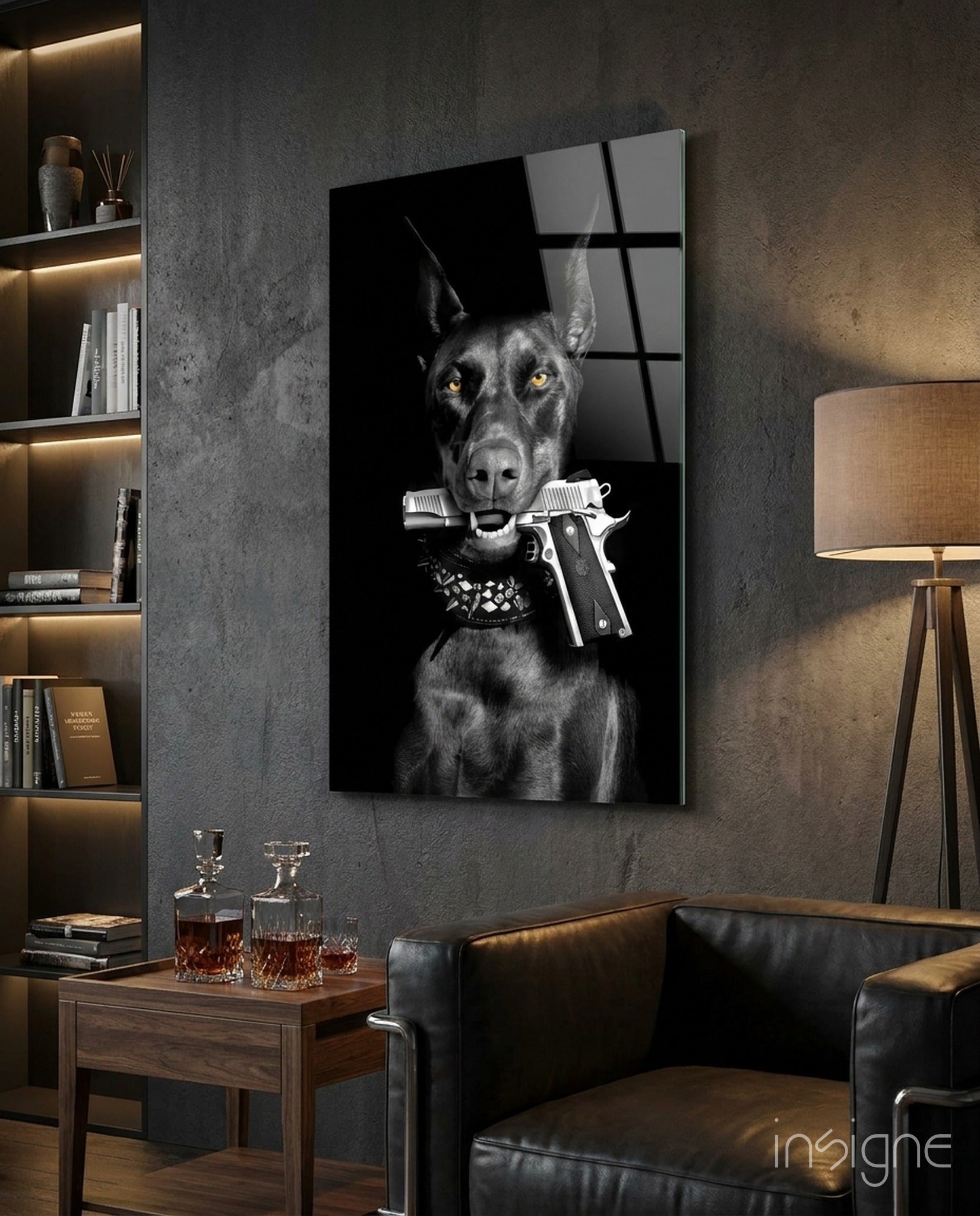 Doberman chrome noir portrait glass wall art